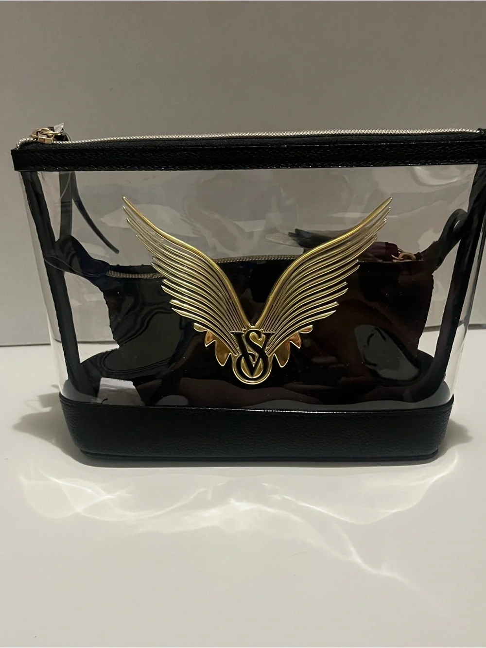 NWT Victoria's Secret Clear Black Cosmetic Bag Set with Gold Wing Accent